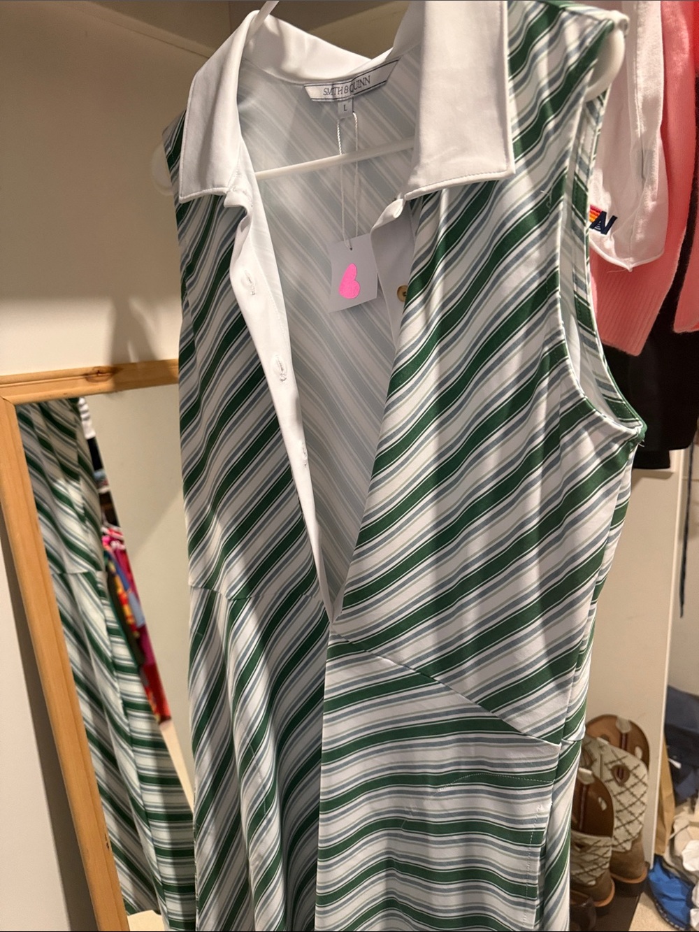 NWT SMITH and Quinn Green and White Striped Sleeveless Collared dress.